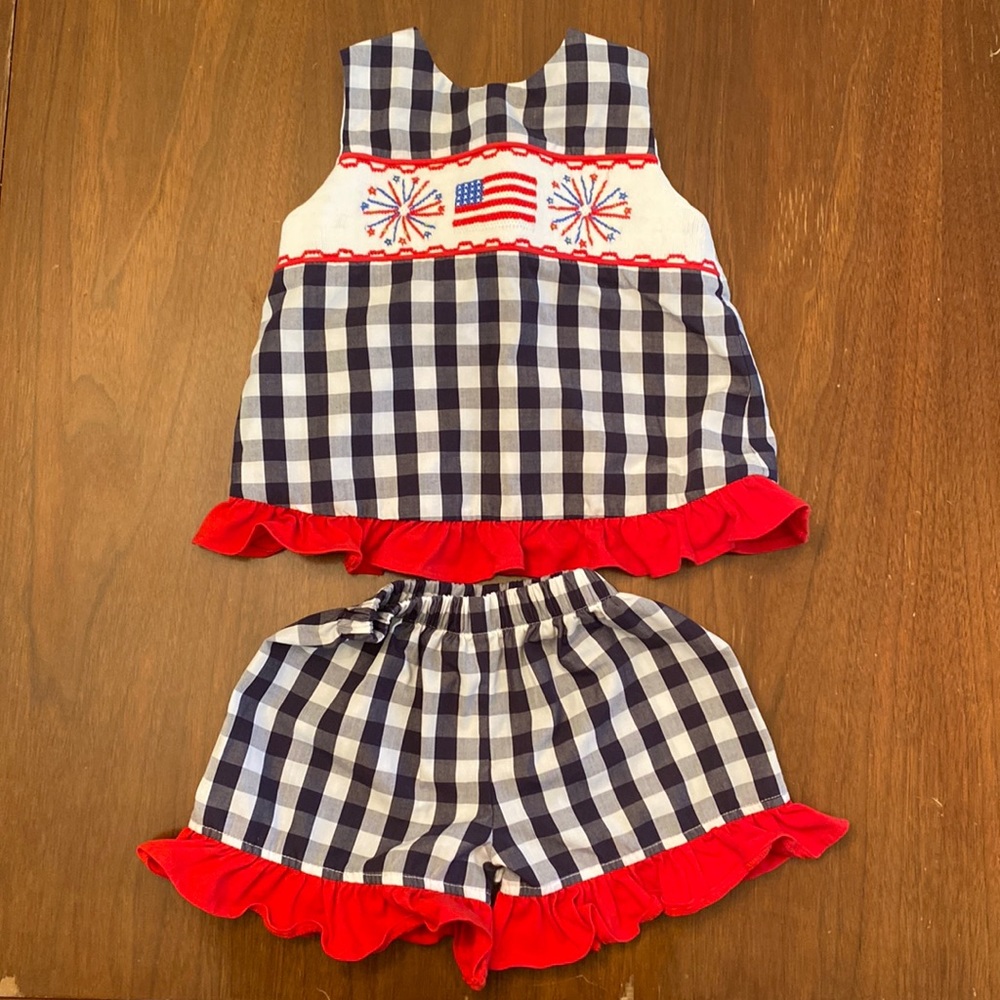 Stitchy Fish Girl’s Smocked Ruffle Short Set, Navy Check, Size 24 month